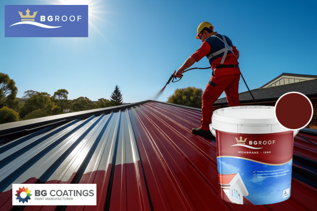 Professional painter applying BG Roof Golden Brown coating with an airless sprayer on a corrugated metal roof in Australia.