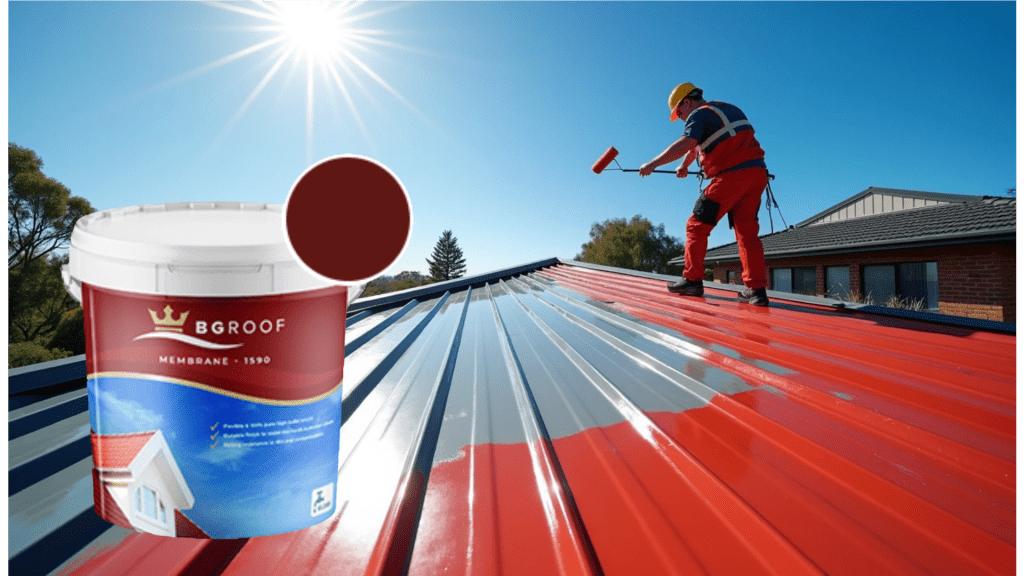 Before and after roof paint application using BG Roof Membrane 1590 in Perth, WA — showing contrast between faded and freshly coated metal roof.