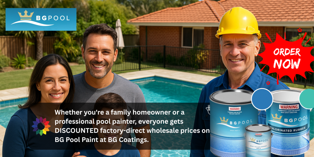 BG Pool Paint Perth banner showing happy family, professional pool painter in hard hat, and BG Coatings epoxy and chlorinated rubber pool paint products beside a sparkling backyard swimming pool